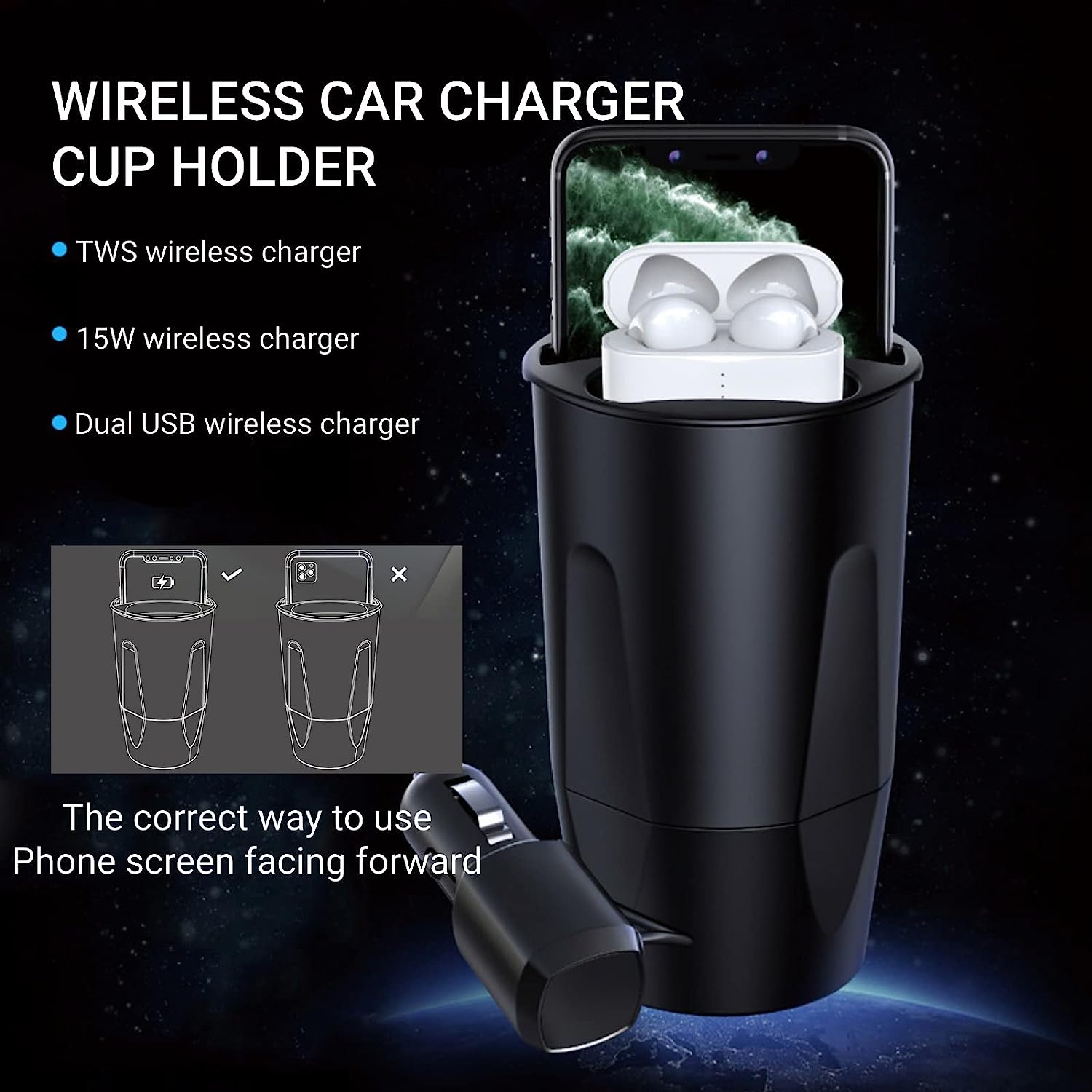 Wireless Car Charger Cup Holder, USB/USB C Wireless Car Phone Charger - Sensory Zone